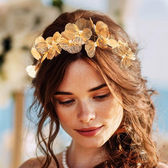 Flower Bridal Hair Vine Gold Floral Headpiece Wedding Accessories for Women - Picture 3 of 7